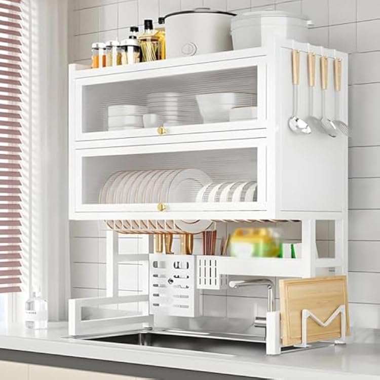 Large 2-Tier Metal Over Sink Dish Drying Rack with Flip-top Door Dish Organizer Rack with Removable Cutlery Basket and Drip Tray for Plates Bowl SinkWhite,95CM37.4IN