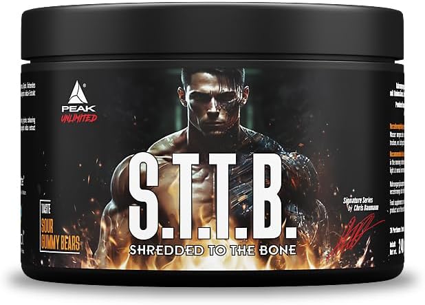 PEAK S.T.T.B - Shredded to the Bone - 300g Flavour Sour Gummy Bears I 30 Servings I Diet Drink and Metabolism Booster with Sinetrol®, Zynamite® and GBBGO® I Without Caffeine