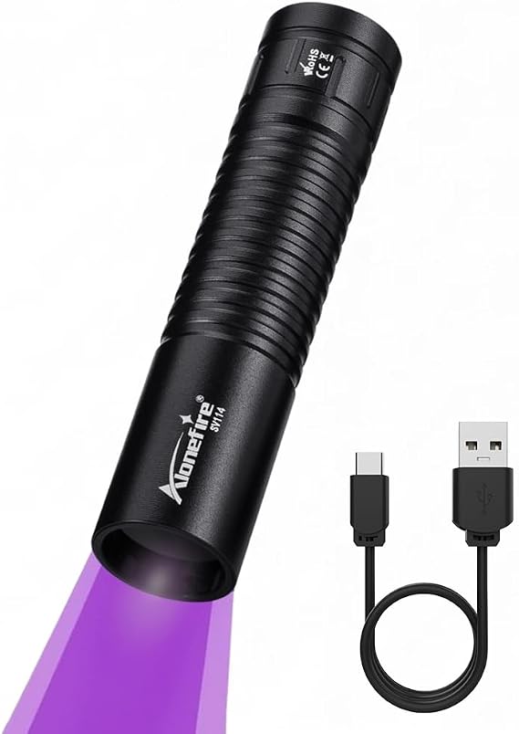 Alonefire SV114 Mini 365nm UV Flashlight USB C Rechargeable Black Light Woods Lamp Money Detector for Resin Curing, Pet Urine Detection, Scorpion, Fishing, Minerals, Rocks, Bed Bug, Leaks with Battery