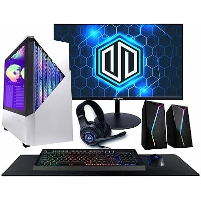 Periphio Castle Gaming PC, AMD Ryzen 5 5500 up to 4.2 GHz with AMD Radeon 6500XT Graphics, 16GB RAM, 1TBSSD, WiFi, Windows 11 Home, White, 1080p Gaming Computer - Full RGB Gamer Bundle, 24 Monitor