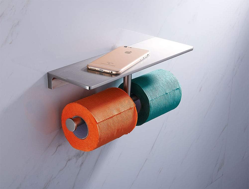 Toilet Paper Holder Brushed Nickel Double Toilet Paper Roll Holder with Storage Shelf Wall Mount Brass Toilet Tissue Dispenser for Home Hotel
