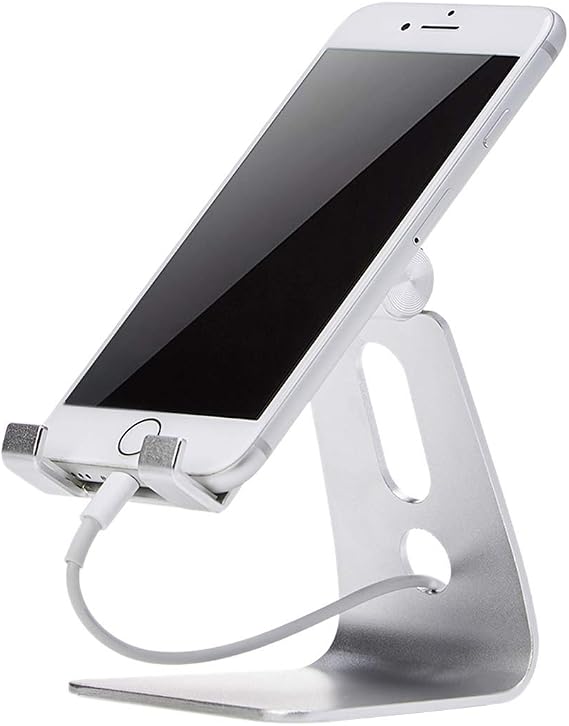 Amazon Basics Adjustable Aluminum Phone Stand for Cell Phones, iPhone and Android, Desktop Phone Holder with Adjustable Angle, Hands-Free Viewing, 3.15 x 2.87 x 3.74 inch, Silver