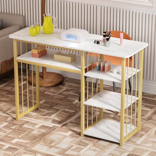 Manicure Table Nail Desk for Spa Salon, Nail Table Station with 4 Open Shelves Modern Manicure Table Metal Frame Manicurist Desks 39.3 x 15.7 x 29.9 White