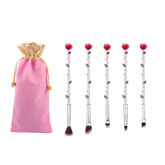 5 Pcs Beauty Eye Shadow Rose Flower Shape Makeup Brushes Set Artists With Gift Bag For Daily Makeup (Rose Gold)