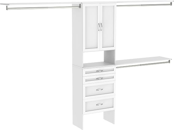 ClosetMaid 1935940 SuiteSymphony 25-Inch Closet Organizer Kit with Tower, 3 Hang Rods, Top Shelves, 4 Drawers, Doors, Adjustable, Pure White