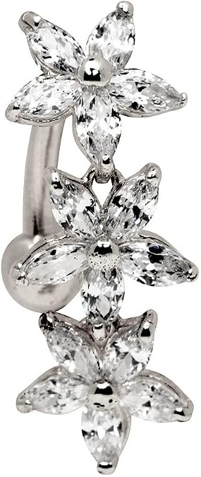 JewelryWeb Solid 14k Yellow or White Gold Marquise Flower Cubic Zirconia Top Mount Belly Button Ring Dangle (7mm x 24mm)
