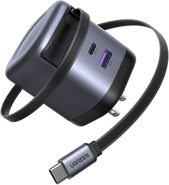 UGREEN Nexode 65W GaN USB C Retractable Charger with Built-in Cable, 2-Port Fast Charging Wall Adapter for iPhone 17/16/15, Galaxy S26/S25/S24, Pixel 10/9/8, MacBook Pro/Air/Neo, iPad, AirPods