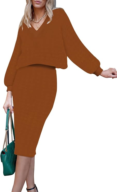 HUUSA Women 2 Piece Sweater Midi Pencil Skirt Set Fall Winter Split Dress Batwing Long Sleeve Oversized Top Casual Outfit
