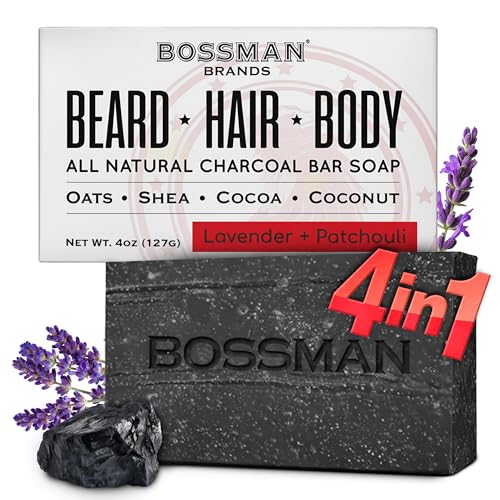 Bossman 4-in-1 Charcoal Soap Bar 4 oz Bar Soap for Men All-Natural Beard Wash, Shampoo, Body Wash & Shaving Solution Lavender & Patchouli Scent