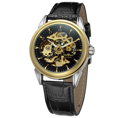 FORSINING Mens Automatic Skeleton Dial with Bars Index Leather Strap Analogue Wrist Watch WRG8022M3T3