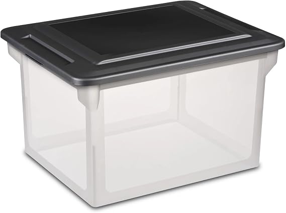 File Box, Clear Plastic Bin with Black Lid, Letter or Legal-Sized File Storage