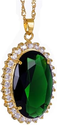RIZILIA Lady Fashion Jewellry 1 Oval Cut Simulated Green Emerald Gem 18K Gold Plated Pendant Necklace