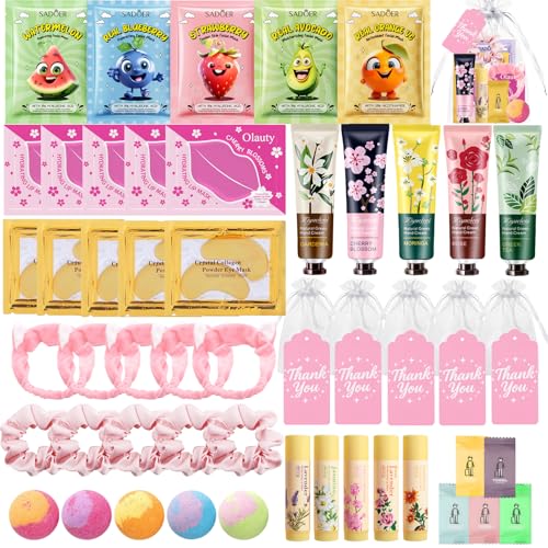 55Pcs Spa Party Supplies for Girls,Spa Party Favors Skincare Fruit Face Masks,Lip Masks,Eye Patches,Hand Cream,Lip Balm,Thank You Gifts,Spa Birthday Sleepover Party Supplies for Women