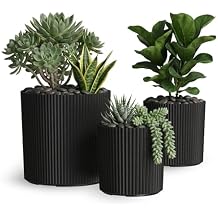 Mayne Haven Set of 3 (10in, 12in, and 14in) Fluted Planter, Round Planters for Outdoor Plants, Lightweight Concrete Look Plant Pots for Porch, Patio, Garden and Entryway Decor, Black