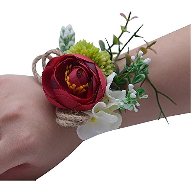 MOJUN Tea Rose Bridal Wristband Wrist Flower Corsage for Prom Party Wedding, Pack of 4, Red