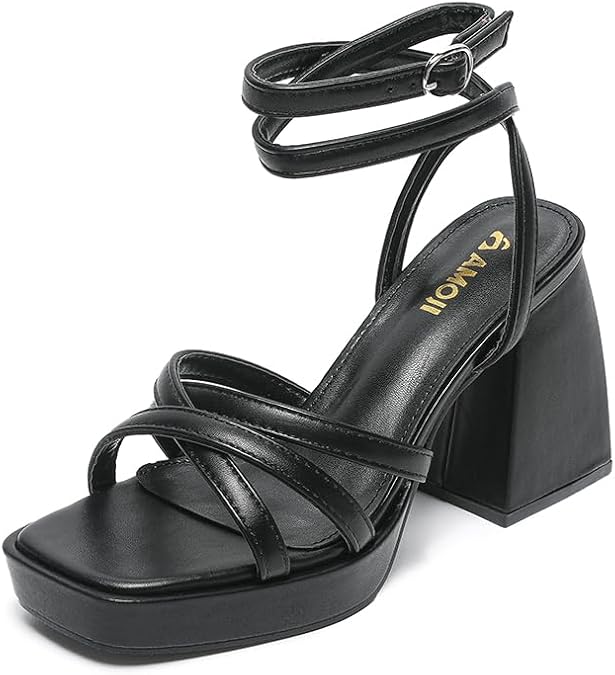 Amoji Women's 4 Inch Platform Chunky Heel Strappy Ankle Strap Block Heeled Sandals 305