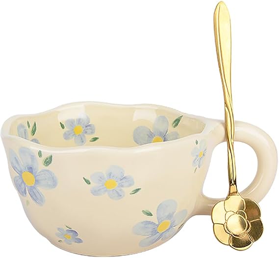 XinHuiGY Cute Coffee Mug,Ceramic Tea Mug,Kawaii Coffee Cup,Handmade Mug,Creative Flower Blue Mugs with Spoon,Aesthetic Mugs for Milk Cappuccino