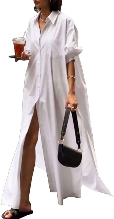 UOOZEE Women's Long Sleeve Maxi Shirt Dress Button Down Side Slit Loose Flowy Vacation Sundress