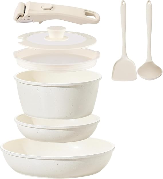 Ceramic Cookware Set Non Stick 8Pcs Pots and Pans Set Detachable Handle Induction Kitchen Cooking Set with Frying Pans Oven Dishwasher Safe, PFAS/PFOA Free, Cream White