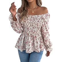 Xixiuly Women's Puff Sleeve Square Neck Floral Off Shoulder Blouse Tops Long Sleeve Smocked Ruffle Hem Flowy Casual Shirts