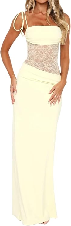 Women's Lace Maxi Dress Square Neck Cutout Bodycon Corset Gown