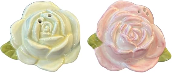 Rose Salt and Pepper Shakers Set, Pink and White Flowers