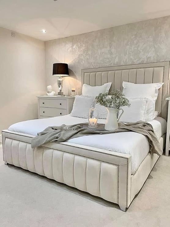 Bespoke Chesterfield Border Panel Bed Frame - UK made - Single/Double/King/Super King Size Plush Velvet Fabric Upholstered (Cream Plush, King size 5ft)