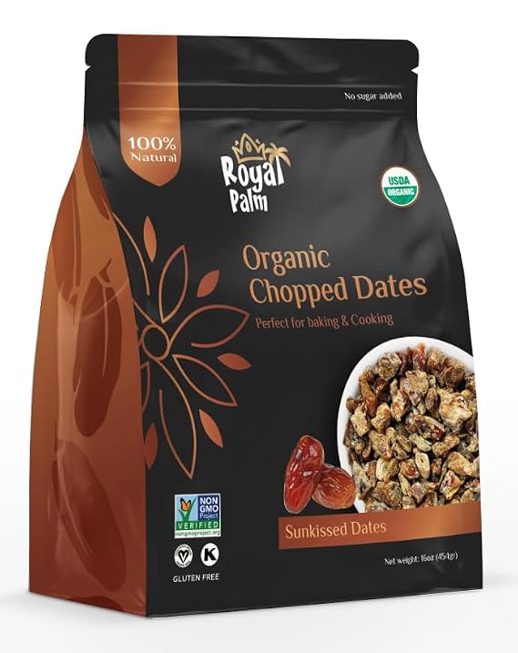 Royal Palm Organic Chopped Dates 16oz 100% Organic, Natural Diced Dates, Non-GMO, No Added Sugar, Kosher, Vegan, Gluten-Free, Paleo, Healthy Dried Fruit for Baking, Cooking, Snacking, Smoothies & Salads