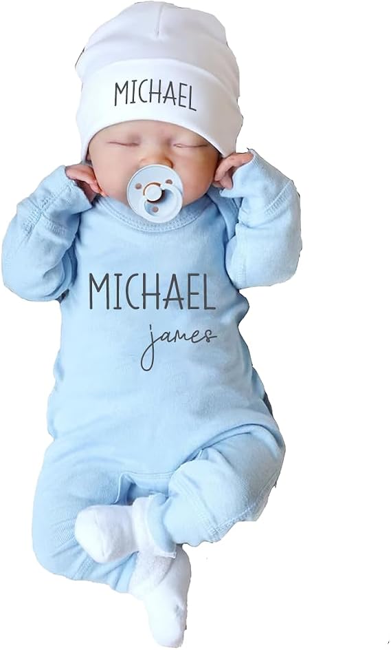 Personalized Newborn Coming Home Outfit,Custom Baby Bodysuit and Hat with Name,Newborn Long Sleeve Rompers (Style 2)
