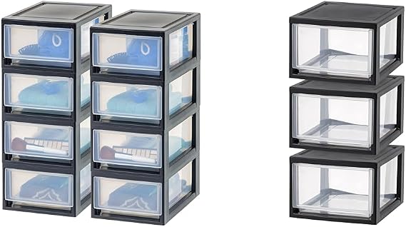 IRIS USA 8Pack 6qt Small Modular Plastic Stacking Drawers, Black & IRIS USA 6 Quart Stackable Storage Drawer, Plastic Drawer Organizer with Clear Doors for Pantry, Closet, Desk, Kitchen