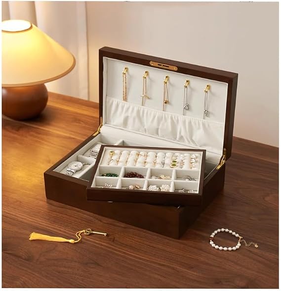 Wooden Jewelry Box, Solid Walnut Jewelry Storage Box with Lock, Can Store Necklaces, Rings, Bracelets and Jewelry Accessories, Vintage Style Gift for Your Loved Ones