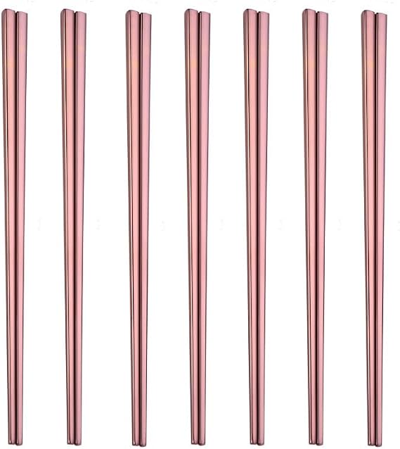 Stainless Steel Chopsticks, Reusable, Dishwasher Safe, Easy to Use, Square, Lightweight (7 PCS, Rose Gold)