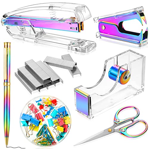 Office Supplies Set Desk Accessory Kit, Acrylic Stapler Set Staple Remover, Tape Dispenser, Binder Clips, Paper Clips, Ballpoint Pen and Scissor with 1000 Pieces 266 Staples Rainbow Color