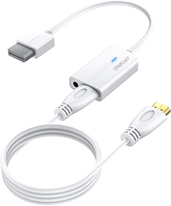 AUTOUTLET Wii to HDMI Converter 1080P with 6ft High Speed HDMI Cable Wii2 HDMI Adapter with Blue Indicator, Output Video&Audio with 3.5mm Jack Audio Compatible with Full HD Devices