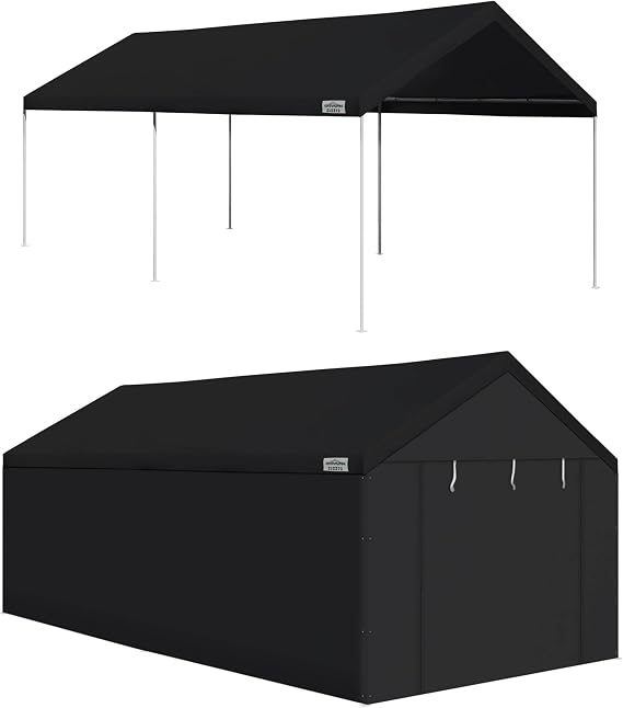 Caravan Canopy Domain 10 x 20 Foot Durable Portable Garage Carport Canopy Car Tent Sidewalls with Dual Zippers and Roll Up Door, Black (Anchor/Mounting Materials + Sidewalls Included)