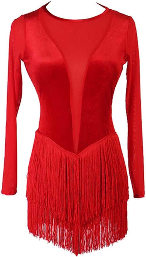 Womens Latin Dance Dress Long Sleeve Fringe Rumba Samba Tango Practice Competition Costume