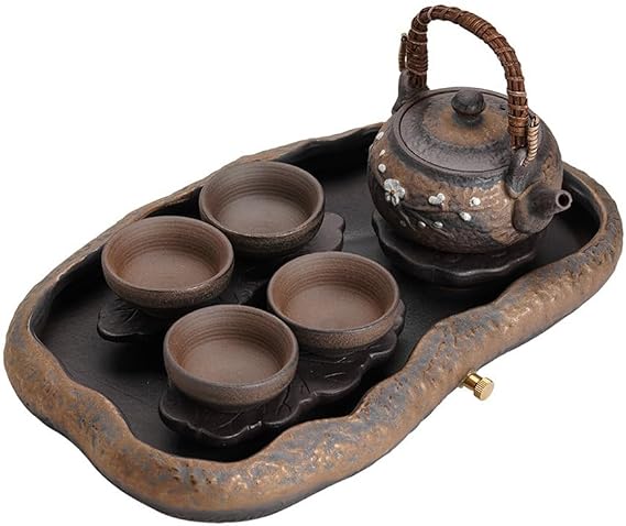 Handmade Traditional Chinese Clay Tea Set with Teapot (350ml) 4 Tea Cups (50ml) and Reservoir Style Serving Tray
