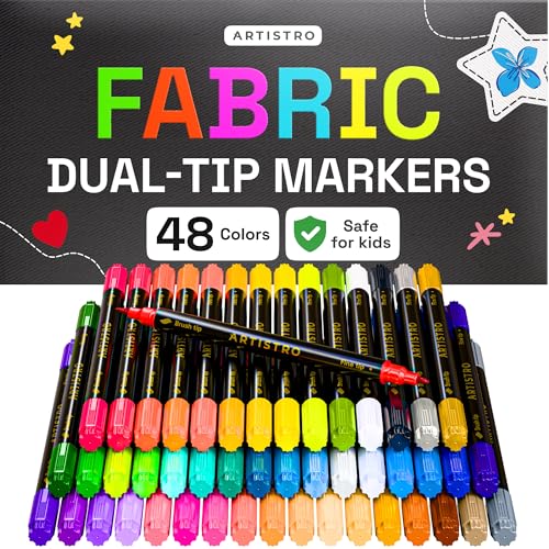 ARTISTRO 48 Dual-Tip Fabric Markers - Fabric Decorating Kit - Permanent for Clothes - Acrylic Paint Pens for Sneakers, Bags, Shoes, Textile, Canvas, Sewing, Craft, DIY - Brush and Fine Tip