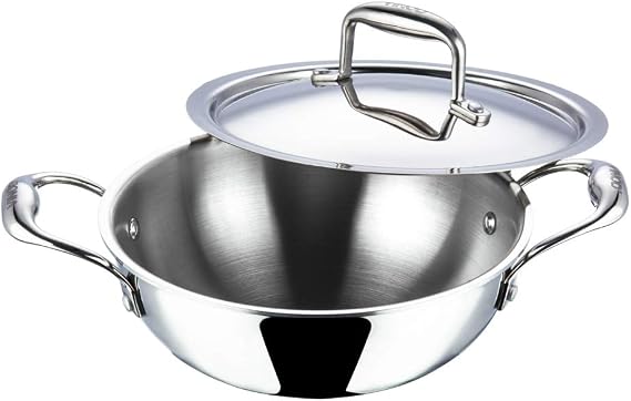 Vinod Platinum Triply Stainless Steel Extra Deep Kadai with Stainless Steel Lid, 1.5 Litre Capacity, 20 cm Diameter, Silver, Induction & Gas Stove Friendly, Includes 1 Kadai with Lid