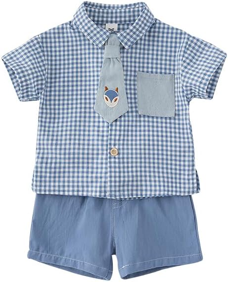 Toddler Baby Boy Two Piece Suit Shirt Set Plaid Printed Lapel Tie Short Sleeve T-Shirt Solid Color Shorts