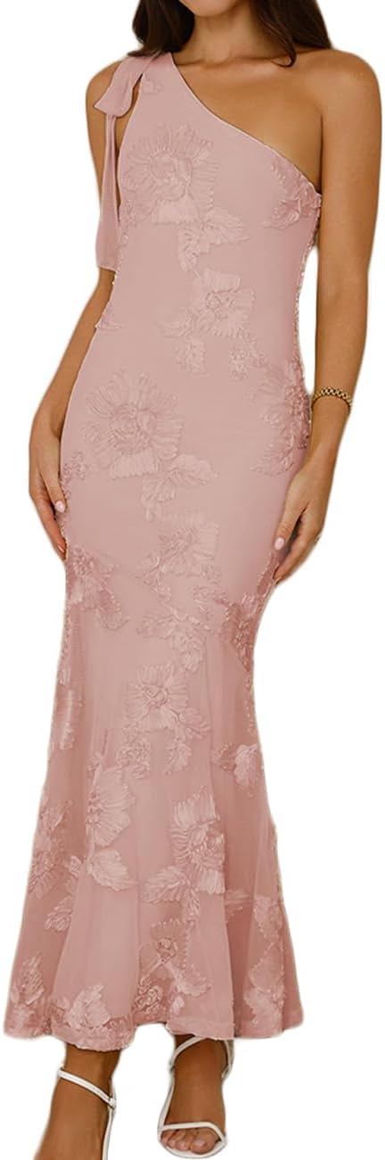 Women's Summer Floral One Shoulder Sleeveless Bodycon Maxi Dress Elegant Mesh Fishtail Wedding Guest Cocktail Midi Dresses Pink
