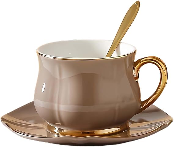 Ceramic Tea Cup,Ceramics Travel MugCoffee and Saucer Set, Porcelain European Luxury with Gold Trim, for Cappuccino 200 ml / 7 Oz(Grey)