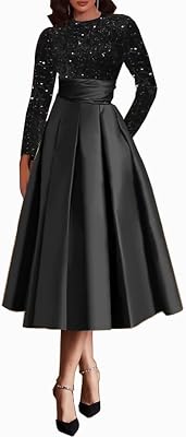 Womens Long Sleeve Mother of The Bride Dresses with Pockets Sequin Prom Dress Satin A Line Formal Evening Gown