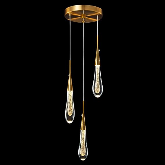 Kitchen Light Fixtures Ceiling Dimmable LED Modern Gold Pendant Light Mini Teardrop Crystal Pendant Light for Kitchen Island Bedroom Hallway Entryway (3-Light) [Energy Class F]