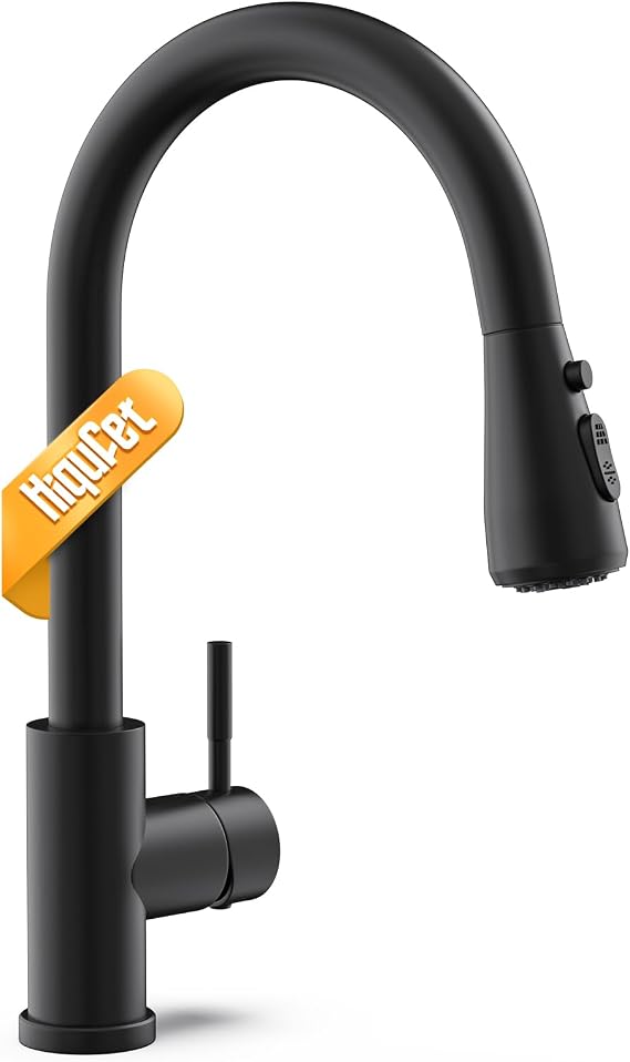 Hiqufet Kitchen Tap, Kitchen Mixer Taps with Pull Down Sprayer, Stainless Steel High Arc Single Handle Kitchen Sink Tap for Pot Filler, Matte Black