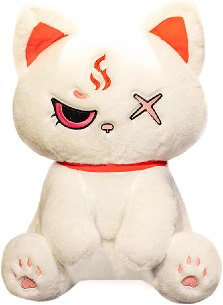 ELAINREN White Pirate Cat Plush Toy,Furry Gothic Kitten Stuffed Animals,Ultra-Soft Creepy Kitty Plushie Cuddle Pillow Decor Gifts15.7'