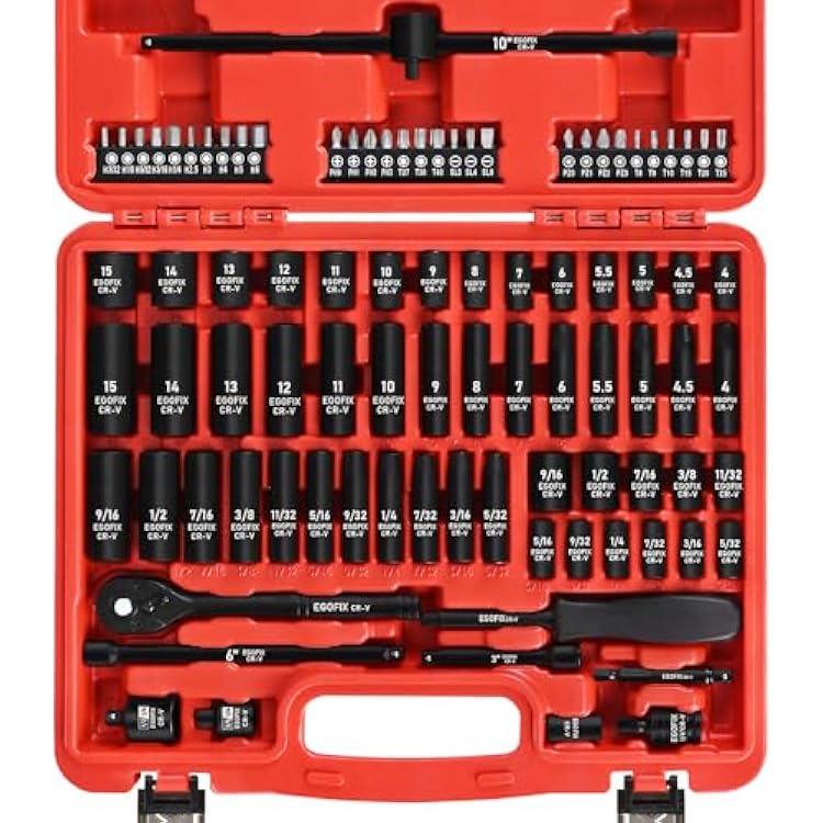 90PCS 14 Drive Impact Socket Set Metric 4-15mm and Standard SAE Size 532-916, with 72-Teeth Ratchet, Screwdriver Bit Set, Mechanics Tool Kit for Home Use and Automotive Repair