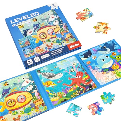 Magnetic Puzzles for Kids Ages 3 4 5 6, 12-16-20 Piece Ocean Theme Jigsaw Puzzles for Toddler, 3 in 1 Travel Toys and Travel Games for Boys and Girls Ocean