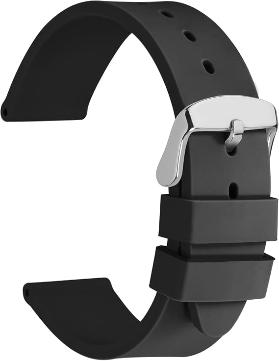 WOCCI 16mm Watch Bands - Premium Silicone Rubber Replacement Straps with Silver Buckle (Black)