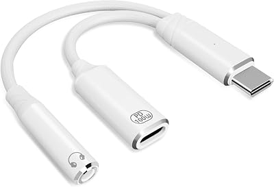 USB C to 3.5mm Headphone and Charger Adapter, Type C 2 in-1 Aux Audio Jack Dongle Cable with PD 100W for 16 15 Pro Max, Pixel 9 8 7, Galaxy S24 S23 S22